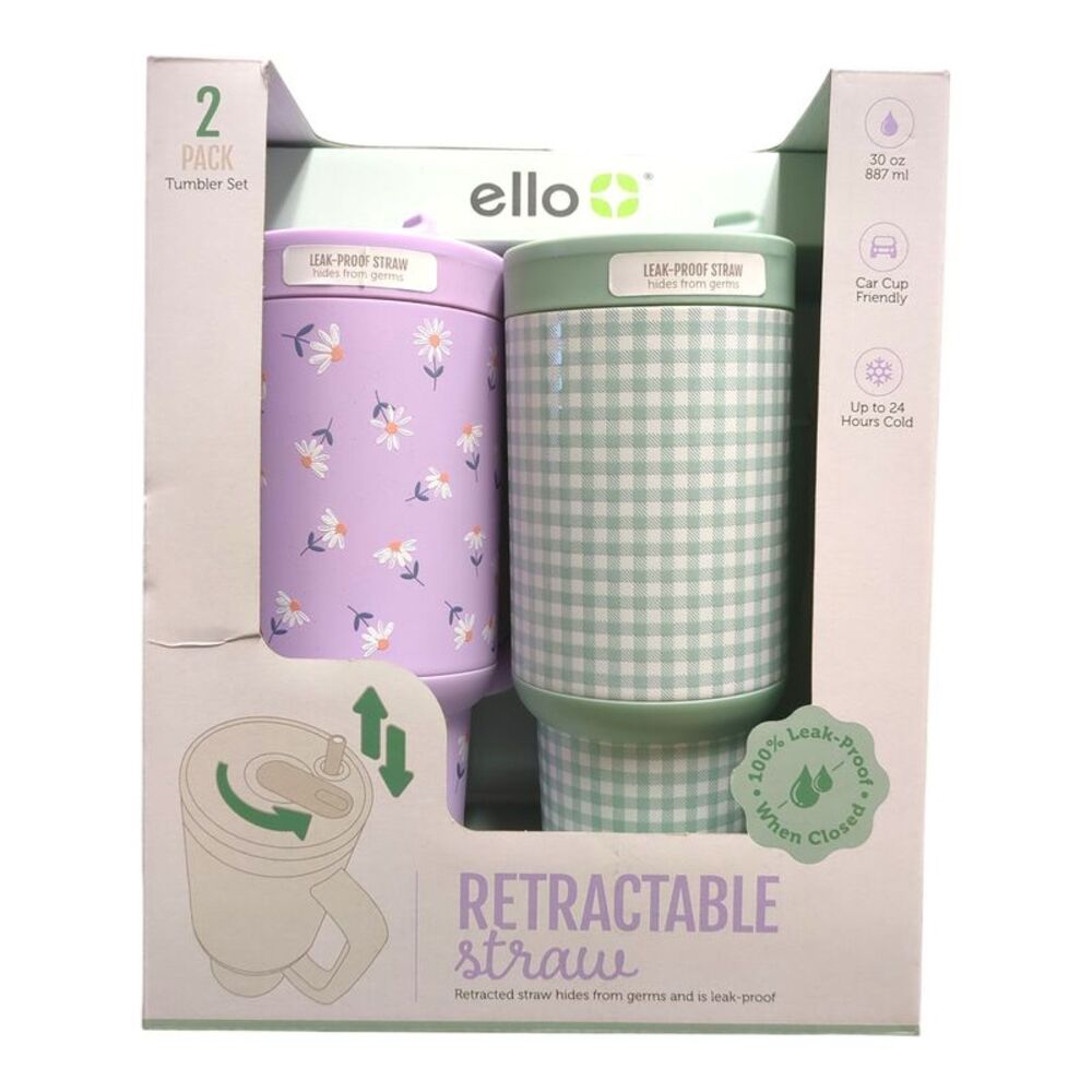 Ello Oasis Go 30oz Leak-Proof Stainless Steel Tumbler, 2 Pack - Daisy/Green